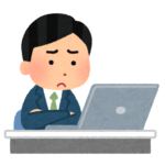 困った顔で働く会社員のイラスト(男性)