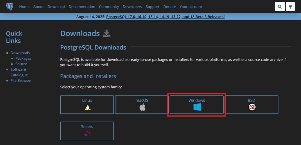 PostgreSQLの公式サイトのダウンロードページにアクセスします。 Windowsのアイコンをクリックします。