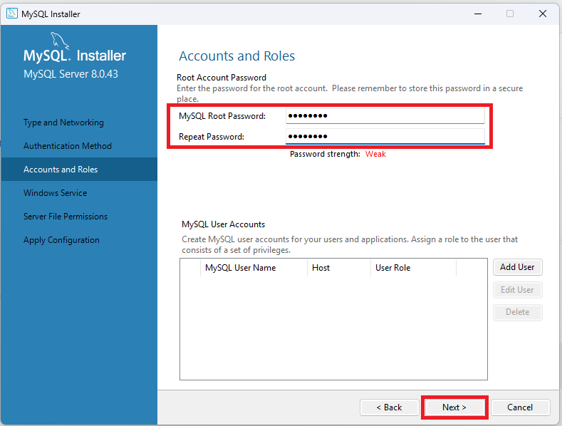 「Accounts and Roles」画面で、MySQLの最高管理者（rootユーザー）のパスワードを設定します。