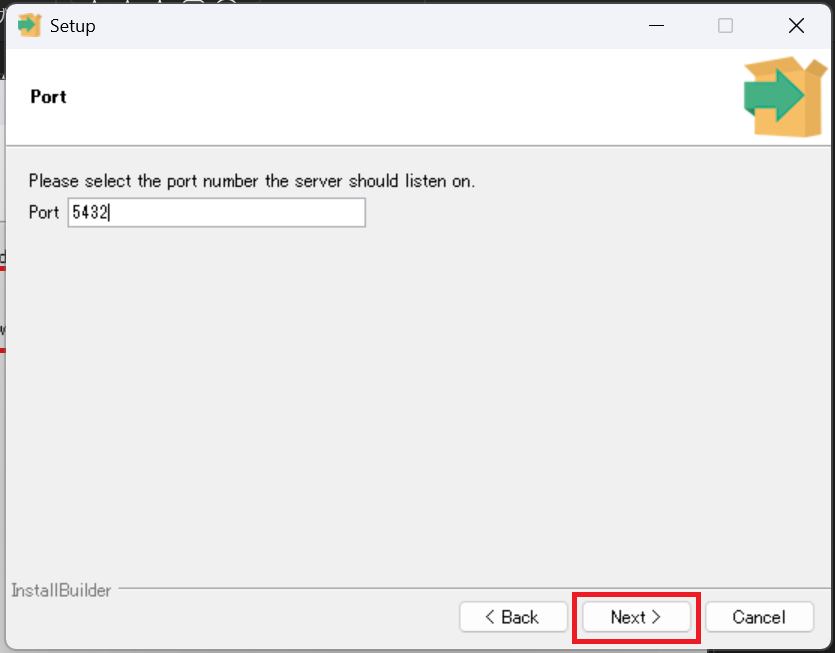 「Port」画面では、PostgreSQLが通信に使うポート番号を指定します。特別な理由がなければ、デフォルトの「5432」のまま「Next」をクリックします。