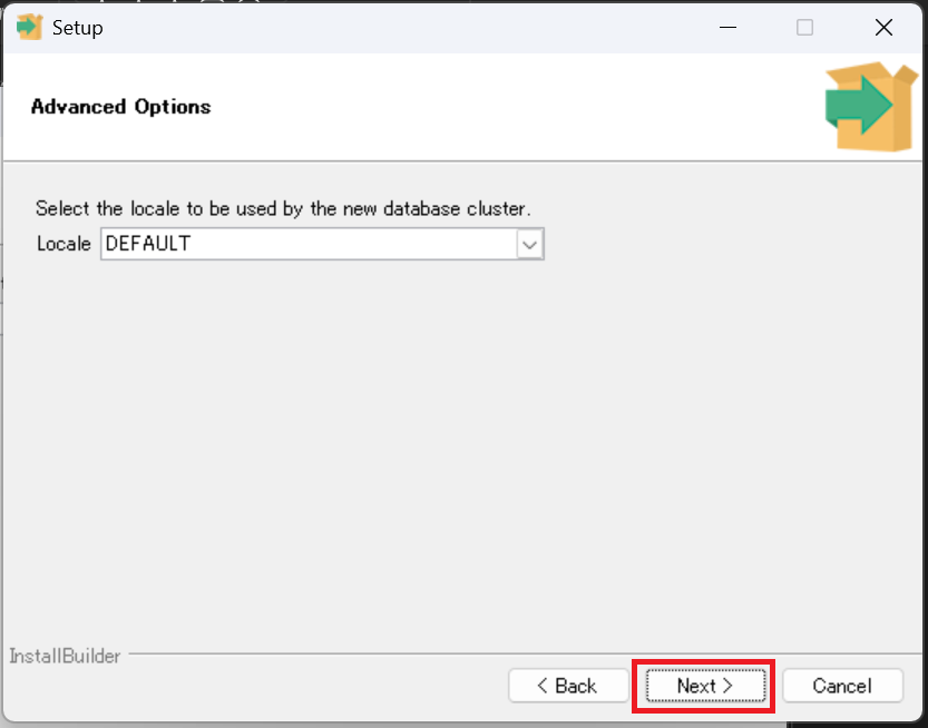 「Advanced Options」画面では、言語設定（ロケール）を指定します。デフォルトの「Default locale」のままで「Next」をクリックします。