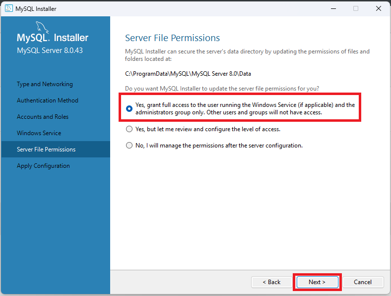 「Server File Permissions」画面で「Yes,grant full~」を選択し、「Next」をクリックします。