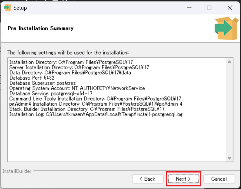 「Pre Installation Summary」画面で、これまでの設定内容を確認し、「Next」をクリックします。