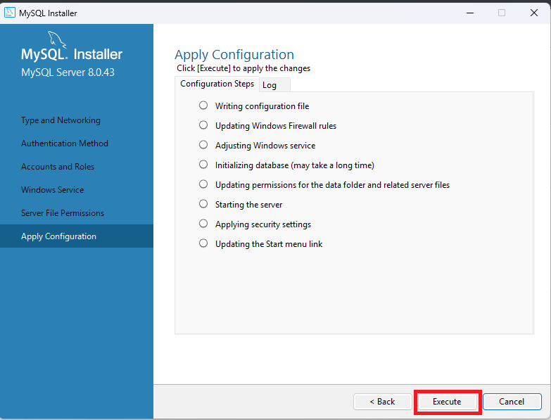 「Apply Configuration」画面で「Execute」をクリックすると、これまで設定した内容がシステムに適用されます。