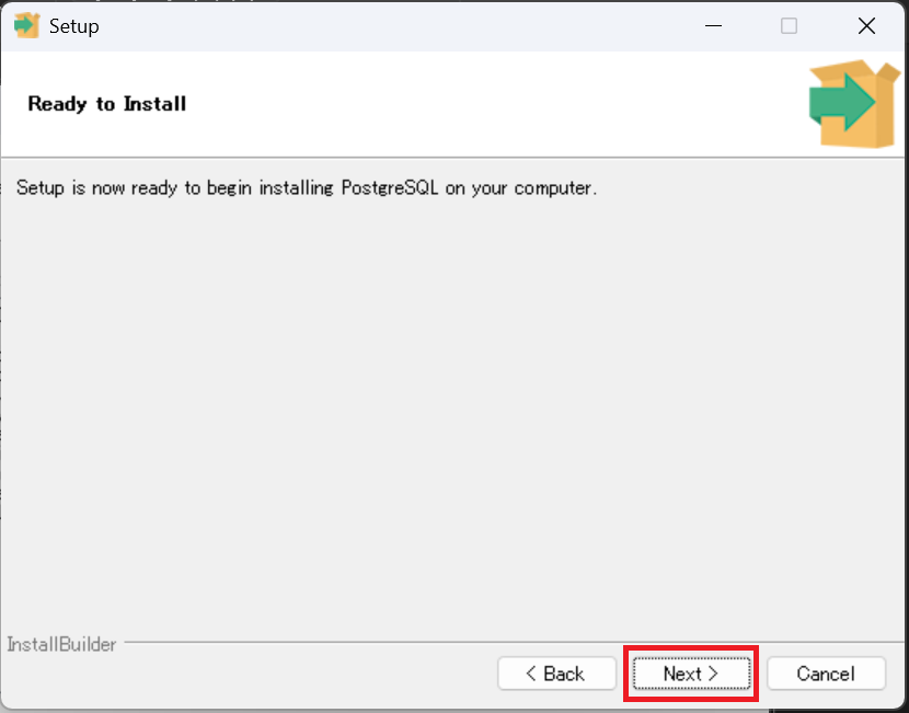 「Ready to Install」画面で、「Next」をクリックすると、インストールが開始されます。完了まで数分かかります。