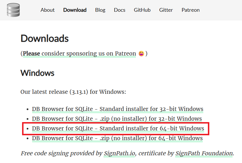 標準のインストーラー（例：DB.Browser.for.SQLite-vX.X.X-win64.msi）を選択してダウンロードします。