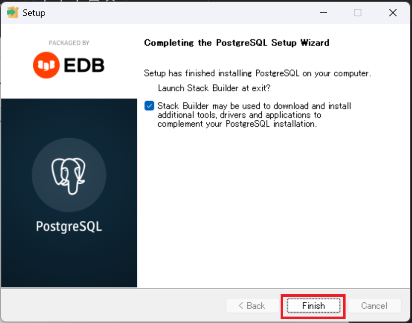 「Completing the PostgreSQL Setup Wizard」画面が表示されれば、インストールは完了です。「Stack Builder」を起動するか聞かれますが、チェックを外して「Finish」をクリックしてOKです。