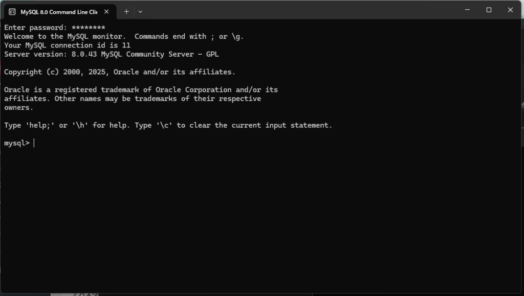 mysql>というプロンプト（入力待ち状態）が表示されれば、MySQLサーバーに無事にログインできています。