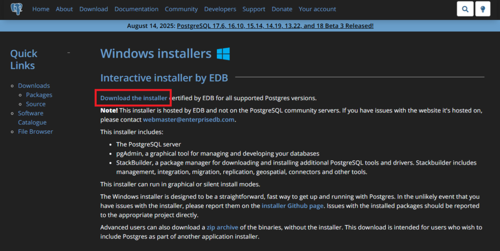「Interactive Installer by EDB」のセクションにある**「Download the installer」**というリンクをクリックします。