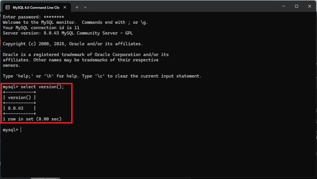 mysql>に続けて、以下のコマンドを入力し、Enterキーを押してみましょう。