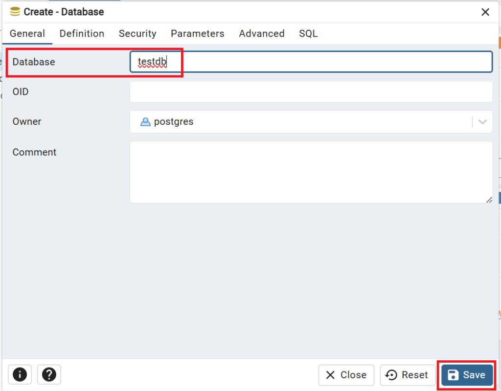 「Database」に「testdb」などと好きな名前を入力し、「Save」をクリックします。新しいデータベースが作成されます。