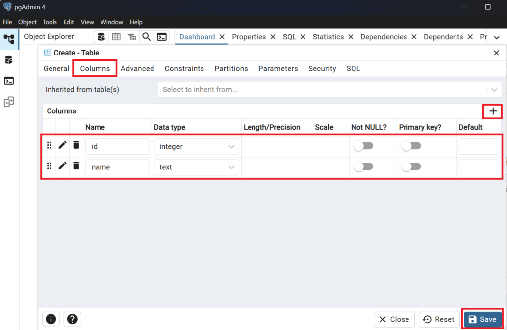 「Columns」タブで、「+」ボタンを押し、id（データ型: integer）、name（データ型: text）といったカラムを追加します。 「Save」をクリックすると、テーブルが作成されます。