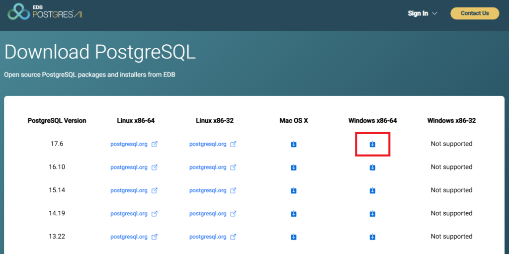 最新版のPostgreSQL（記事執筆時点では16など）と、お使いのWindowsのバージョン（Windows x86-64）を選択し、「DOWNLOAD NOW」ボタンをクリックします。ダウンロードには少し時間がかかります。