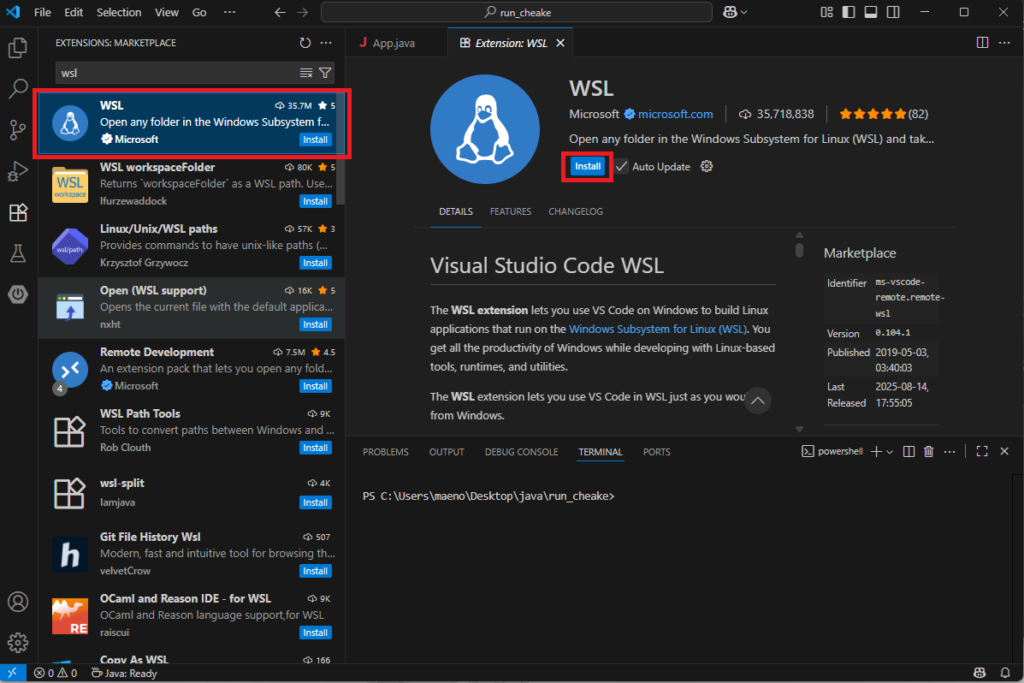 上部に表示された検索ボックスに、**wsl**と入力しWSLをインストールします。
