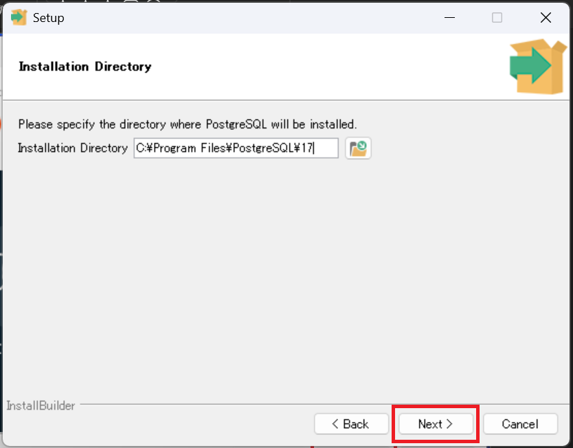 「Installation Directory」では、インストール先のフォルダを指定します。基本的にはデフォルトのままで「Next」をクリックします。