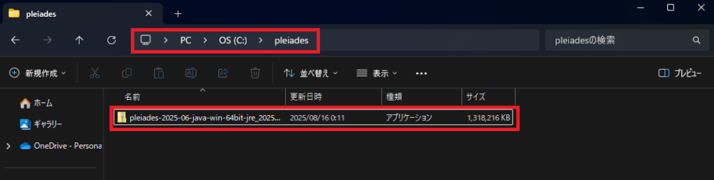 2.作成したフォルダにダウンロードした「Pleiades All in One」を移動し、ダブルクリックして実行