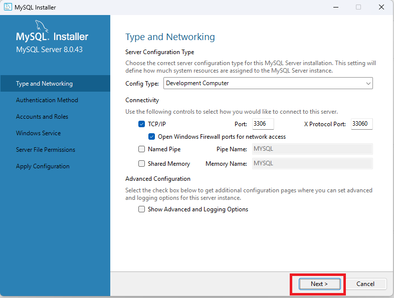 インストールが進むと、「Type and Networking」という設定画面になります。ここは何も変更せず、そのまま「Next」をクリックします。
