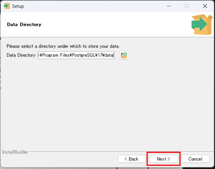 「Data Directory」では、データベースのデータを保存するフォルダを指定します。こちらもデフォルトのままで「Next」をクリックします。