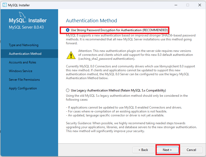 「Authentication Method」画面では、**推奨されている「Use Strong Password Encryption...」**が選択されていることを確認し、「Next」をクリックします。