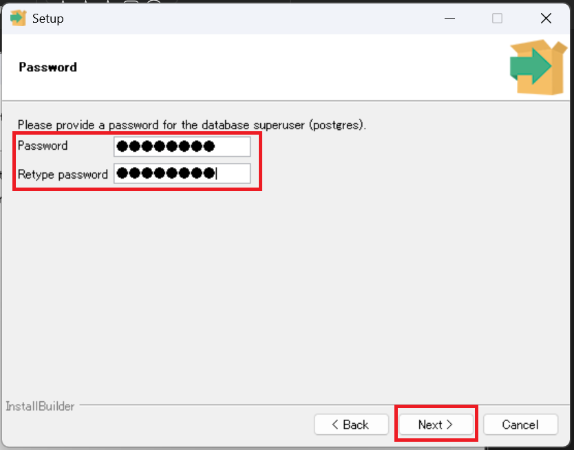 「Password」画面で、PostgreSQLの最高管理者（スーパーユーザー、デフォルト名はpostgres）のパスワードを設定します。 忘れない、かつ、推測されにくいパスワードを入力してください。 このパスワードは、後で何度も使います。必ずメモしておいてください。